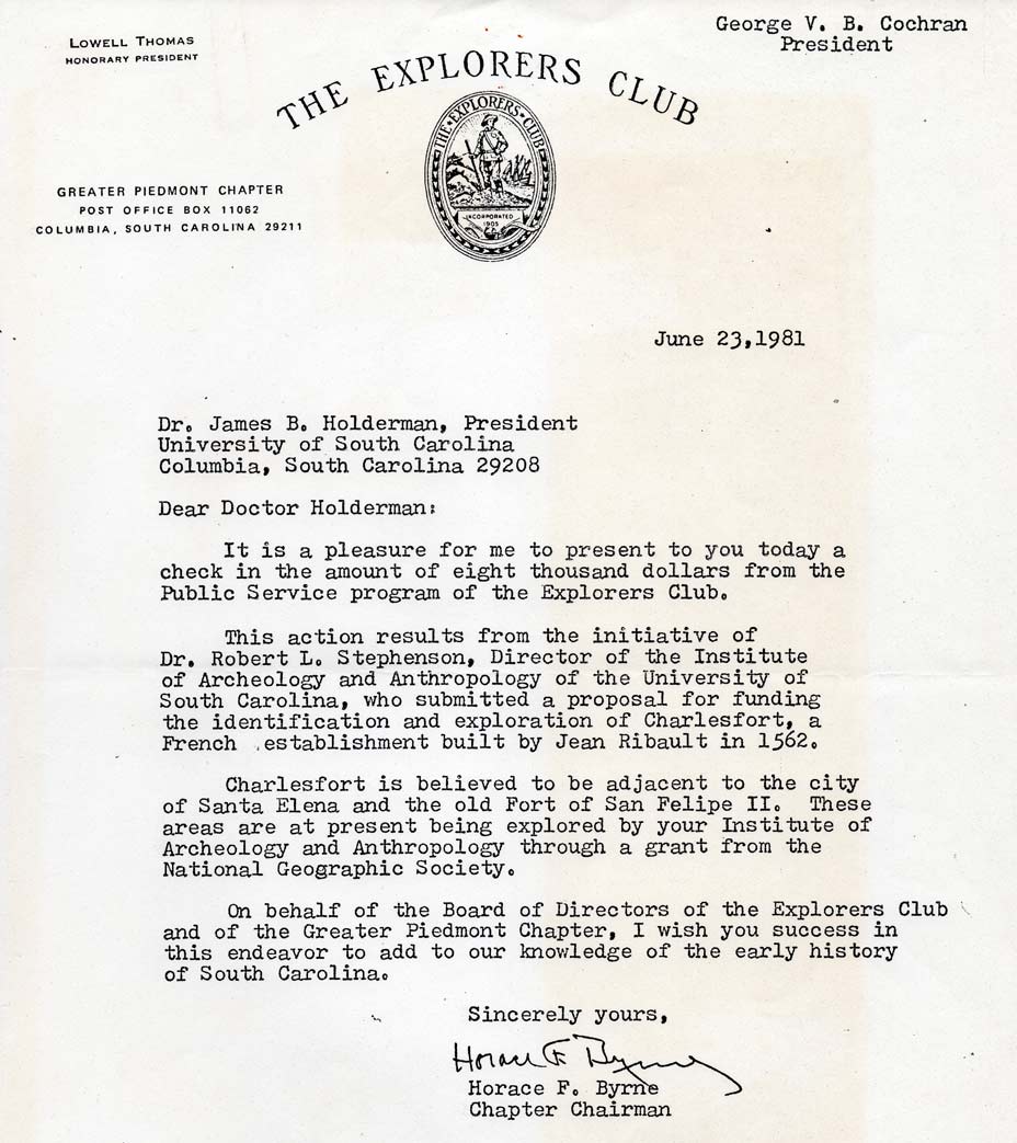Explorers Club Letter from 1981 and donation.